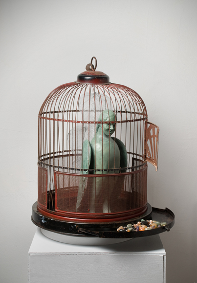 “Aviary 11: Silver Leaves,” pigmented aqua-resin, metal cage, bo leaves, gemstones. Photograph by Howard Goodman, courtesy of the artist, Sarah Haviland.