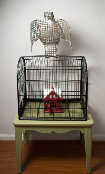 “Aviary 6: House of Sage,” aluminum mesh, metal cage, wood, silver leaf, sage.  Photograph by Howard Goodman, courtesy of the artist, Sarah Haviland.