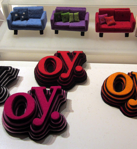 Among the new brooches by Danielle Gori-Montanelli are the popular mid-century Modern furniture and the “Oy” designs. Photograph by Mary Shustack.