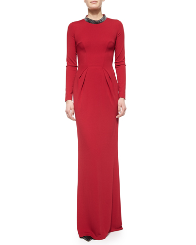 Long-sleeve crystal-collar gown, dark tivoli red, $2,675. Available at neimanmarcus.com. Photograph courtesy Neiman Marcus Westchester.