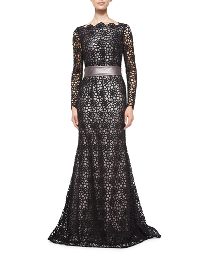 Long-sleeve lace gown, black, $5,895. Available at neimanmarcus.com. Photograph courtesy Neiman Marcus Westchester.