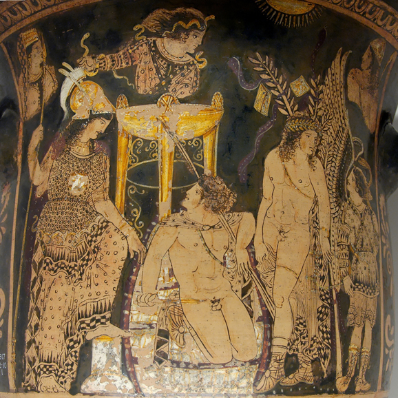  “Orestes at Delphi” (circa 330 B.C.),  Paestan red-figured bell-krater. British Museum.