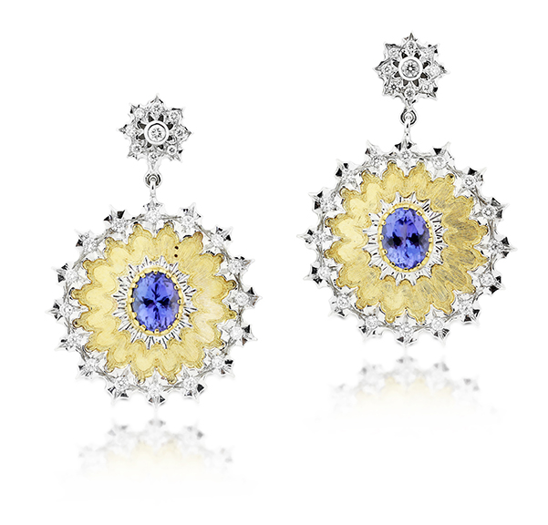These Italian-made tanzanite, diamond and gold earrings ($11,075) are part of the handcrafted and vintage offerings from Karina Brez. Photograph courtesy of Karina Brez Jewelry.
