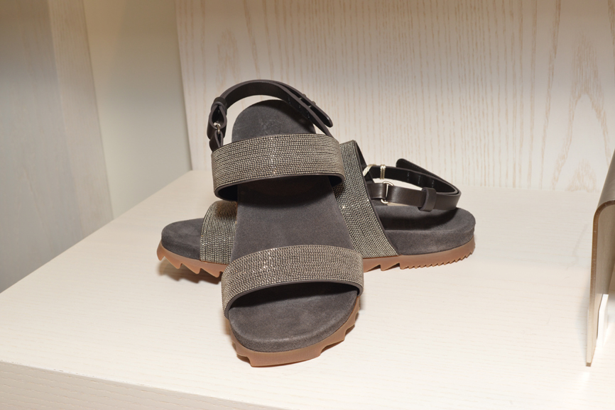 Brunello Cucinelli Monili Double-Strap Sandal in
graphite, $1,395. Photograph by Bob Rozycki.