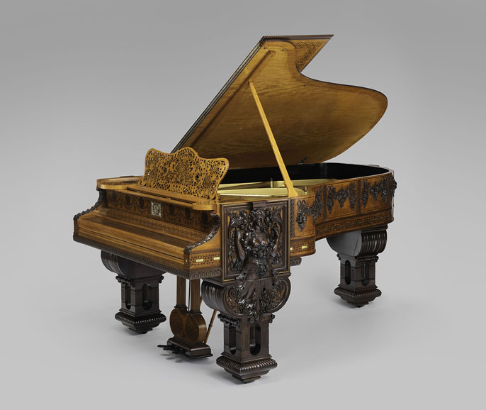 Model B grand piano, case by George A. Schastey & Co. (1873–97), piano by Steinway & Sons (founded 1853). New York City, 1882. Approx. H 72 x W 60 x D 84 in., open. Satinwood, purpleheart, brass, and silver mounts. Collection of Paul Manganaro. Image: © The Metropolitan Museum of Art, New York.