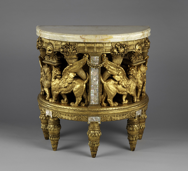 Console from the drawing room of the William H. Vanderbilt House. Herter Brothers (1864–1906). New York City, 1879–82. Gilded wood, mother-of-pearl, abalone, Egyptian alabaster, and composition ornament. H 35–1/4 x W 34–1/4 in. The Metropolitan Museum of Art, Gift of Jan and Warren Adelson, 2013 (2013.956a, b) Image: © The Metropolitan Museum of Art, New York. 