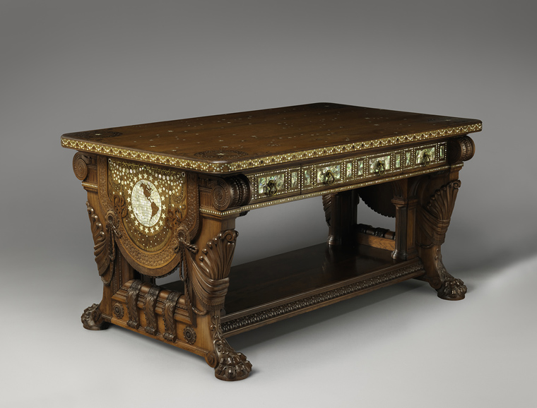 Library table from the William H. Vanderbilt House. Herter Brothers (1864–1906). New York City, 1879-82. Rosewood, brass, mother-of-pearl, and abalone. H 31–1/4 x W 60 x 35–3/4 in. The Metropolitan Museum of Art, Purchase, Mrs. Russell Sage Gift, 1972 (1972.47) Image: © The Metropolitan Museum of Art, New York.