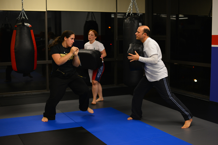 914 Krav Maga martial arts demonstration. 
From left: Sensei Livia Meneghin, Miriam O’ Sullivan and Thomas Messina. Photograph courtesy of 914 Krav Maga.