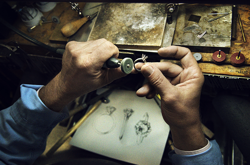 Craftsmen work on the Tiffany Setting engagement ring. Photographs courtesy Tiffany & Co.