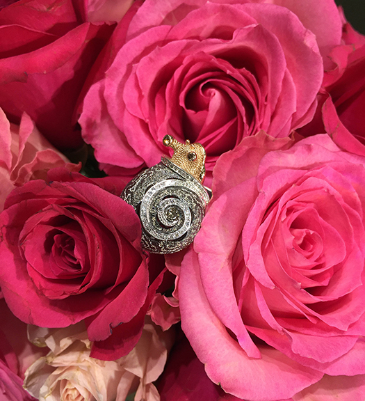 Alex Soldier’s snail ring, cuff bracelets and Coronaria flower pin. Photographs courtesy Alex Soldier