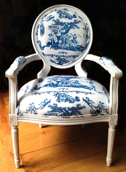 “White Louis XVI End Chair, Women’s Rights are Human Rights” by Laurel Garcia Colvin. Photograph courtesy of the artist.