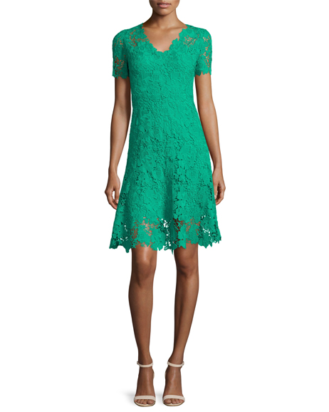 [1] Samira Short-Sleeve Lace Dress, Palm ($398).