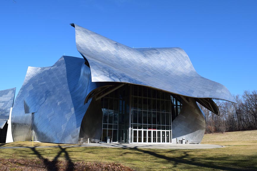 The front view of The Richard B. Fisher Center for the Performing Arts at Bard College. Photograph by Bob Rozycki.