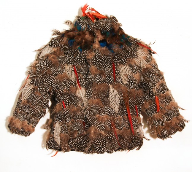 Sanford Biggers' "Baby Ghettobird Tunic (2006), bubble jacket, various bird feathers, 21 x 21 inches. Photograph courtesy of the artist.