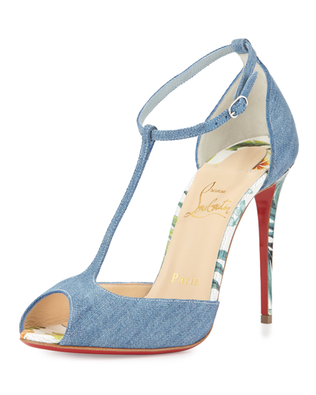 Senora Denim Red Sole Sandal, Blue/White ($895).