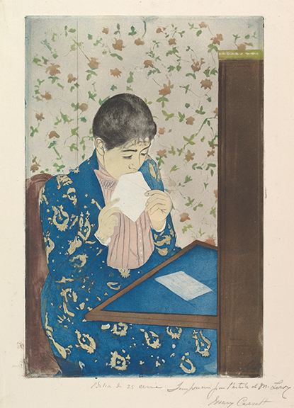 Mary Cassatt (American, Pittsburgh, Pennsylvania 1844–1926 Le Mesnil-Théribus, Oise). “The Letter” 1890–91. Drypoint and aquatint, printed in color from three plates. Plate: 13 5/8 x 8 15/16 in. (34.6 x 22.7 cm) sheet: 17 x 11 3/4 in. (43.2 x 29.8 cm).
The Metropolitan Museum of Art, Gift of Paul J. Sachs, 1916 (16.2.9). Image: © The Metropolitan Museum of Art, New York.