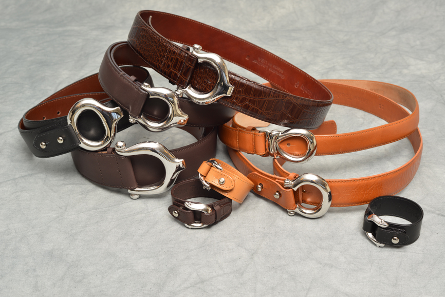 A few of the equestrian-style belts and wristbands in Brian Toohey's collection. Additional colors include periwinkle blue and luggage tan. Photograph by Bob Rozycki.