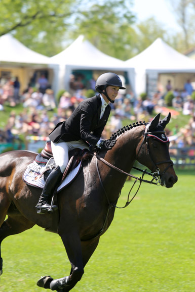 Georgina Bloomberg and Caleno 3 clear the signature Old Salem Farm fence while competing at the Spring Horse Shows. Photograph by Lindsay Brock for Jump Media.