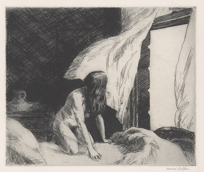 Edward Hopper (American, Nyack, New York 1882–1967 New York). “Evening Wind” 1921. Etching. 
Plate: 6 15/16 x 8 1/4 in. (17.6 x 21 cm) Sheet: 9 7/16 x 10 5/8 in. (24 x 27 cm). The Metropolitan Museum of Art, Harris Brisbane Dick Fund, 1925 (25.31.7).
Image: © The Metropolitan Museum of Art, New York.