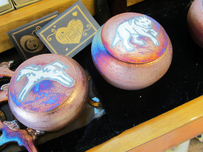 Collectible jars feature Native American themes. Photograph by Mary Shustack.