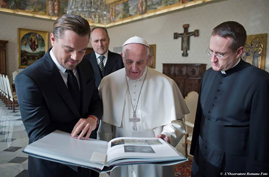 Leonardo DiCaprio presents Pope Francis with Taschen’s book on artist Hieronymus Bosch.