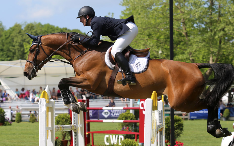 McLain Ward and his Olympic hopeful HH Azur make a perfect pair at the Old Salem Farm Spring Horse Shows. Photograph by Lindsay Brock for Jump Media.