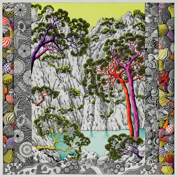 "Sieste au Paradis” 90-centimeter scarf in silk twill, with a design by Aline Honoré, $395 
In the south of France, between Cassis and Marseille, stand the majestic Calanques, white limestone cliffs that cascade down to the Mediterranean Sea. The plant and animal life in these protected and secret places remains untouched. As drawn by Aline Honoré, Aleppo pines cling to arid rocks and the turquoise sea brims with seashells, sea stars, coral and anemones. It’s heaven on earth. Photograph courtesy of Hermès.