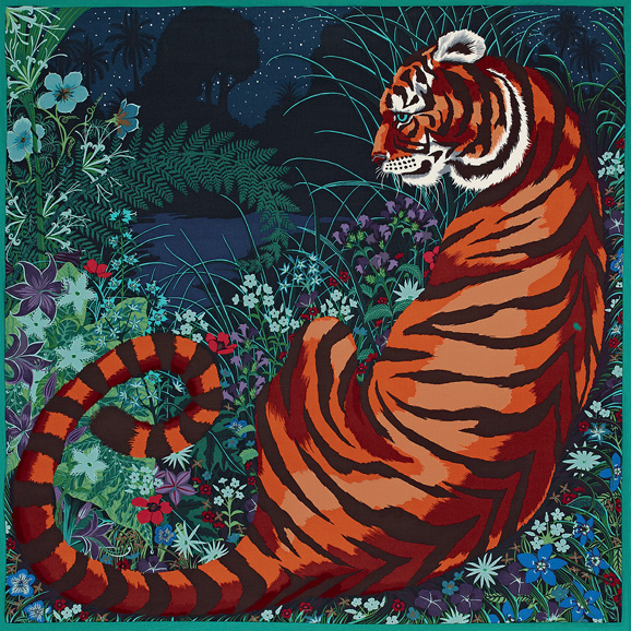 “Tyger Tyger” shawl in cashmere and silk, with a design by Alice Shirley, $1,100. Photograph courtesy of Hermès.