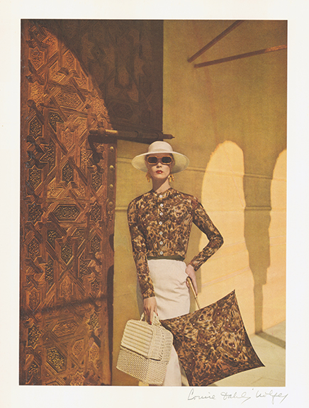 Model Jean Patchett in Alhambra, Granada, Spain wearing a Givenchy ensemble. Photograph by Louise Dahl-Wolfe, color proof, featured in Harper’s Bazaar, June 1953. Collection of The Museum at FIT, © 1989 Center for Creative Photography, Arizona Board of Regents.