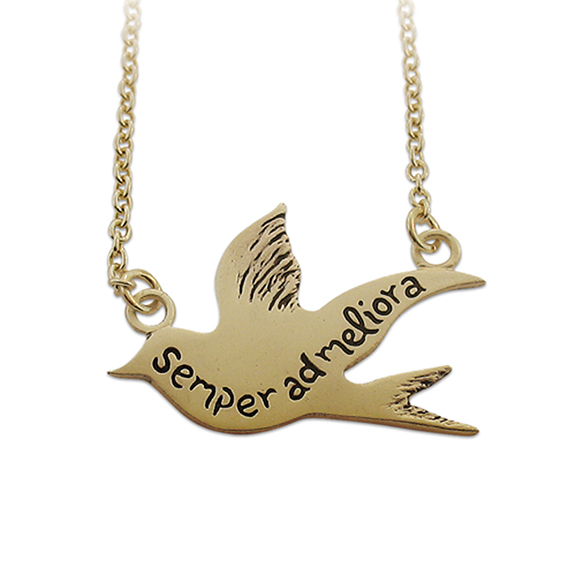 Isabelle Grace Jewelry’s Better Things Necklace ($65) features a Latin phrase it translates as “Always Towards Better Things.” Photograph courtesy Isabelle Grace Jewelry.