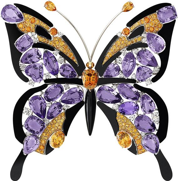 The “Macaon” clip from the “Butterflies” collection, featuring diamonds, onyx, violet sapphires and mandarin and spessartite garnets set in 18-karat white and yellow gold. Price upon request. Courtesy Van Cleef & Arpels.