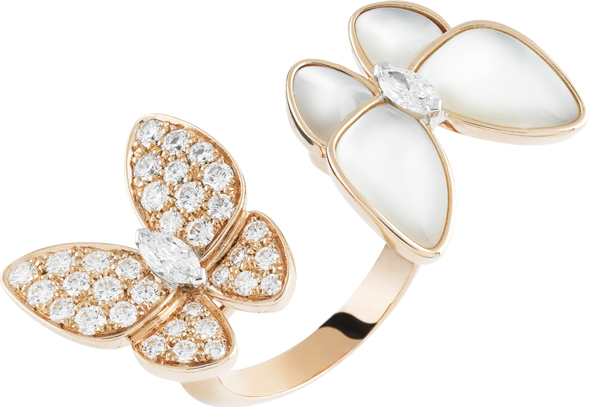 “Two Butterfly” Between the Finger Ring featuring diamonds and white mother-of-pearl set in 18-karat rose gold by Van Cleef & Arpels. $17,900. Courtesy Van Cleef & Arpels.