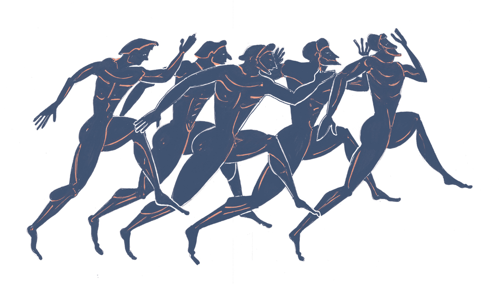 Four bearded adults and a youth sprint naked on an amphora awarded to the winner of the Panathenaic stade race, circa 530 B.C.  From “Greek Mythology: A Traveler’s Guide From Mount Olympus to Troy” by David Stuttard. Drawing by Lis Watkins. © 2016 Thames & Hudson Ltd., London.