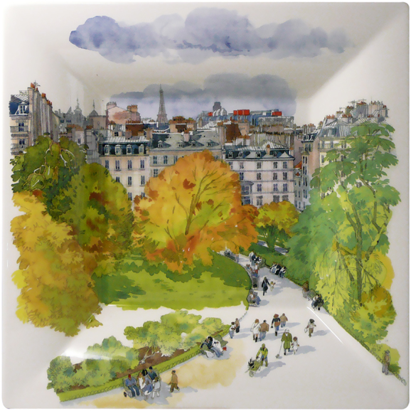 [1] An extra large candy tray ($100) featuring a whimsical scene, part of Gien's De Paris À Giverny collection. Photograph courtesy Gien.