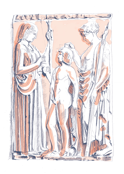 The goddesses of the Eleusinian Mysteries, Demeter and daughter Persephone, flank the young prince Triptolemus on a marble relief from Eleusis, circa 440 B.C.  From “Greek Mythology: A Traveler’s Guide From Mount Olympus to Troy” by David Stuttard. Drawing by Lis Watkins. © 2016 Thames & Hudson Ltd., London.