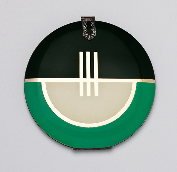 Compact, French, c. 1930, Black, green and white enamel on polished metal with diamanté clasp. © Rodney and Diana Capstick-Dale.