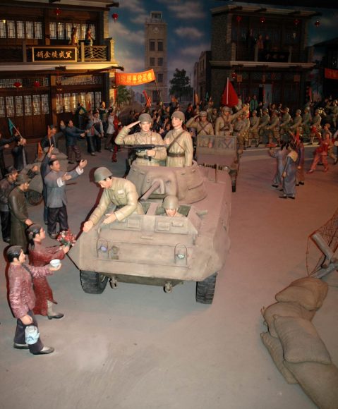 Life-size wax figures in the museum for The Battle of Huai Hai in Hsuchow of the triumphant Communist troops entering Hsuchow. 1949. Photograph by Audrey Ronning Topping.