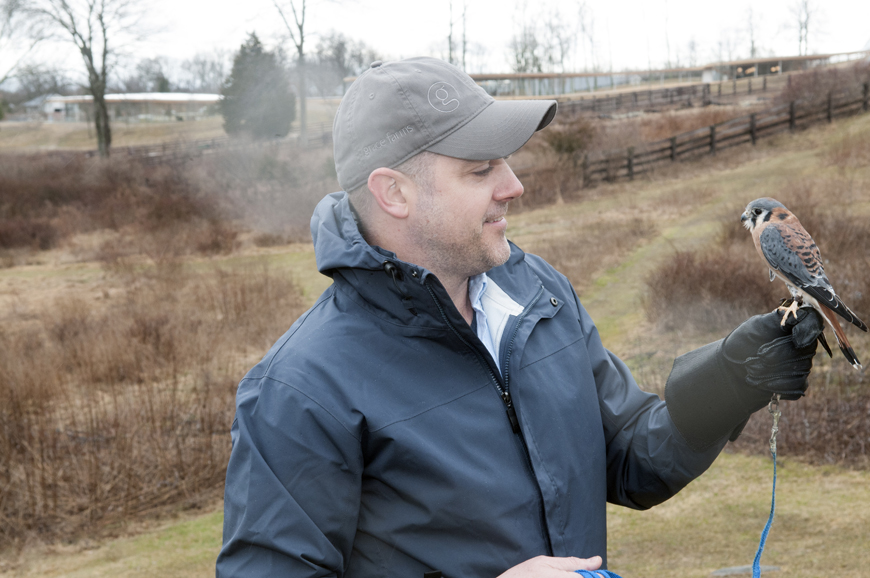 Grace Farms Foundation’s nature and wildlife ambassador Mark Fowler with a Eurasian kestrel. Courtesy Grace Farms Foundation.