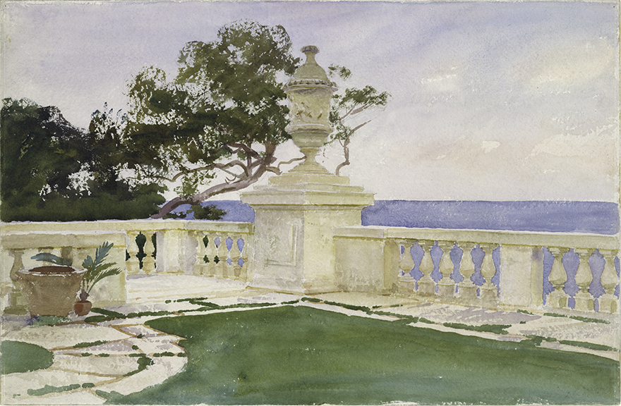 John Singer Sargent’s creamy, dreamy “Terrace, Vizcaya,” a 1917 watercolor and graphite work on white wove paper is part of “Impressionism: American Gardens on Canvas” (through Sept. 11 at  The New York Botanical Garden). Image © The Metropolitan Museum of Art. Image source: Art Resource, NY