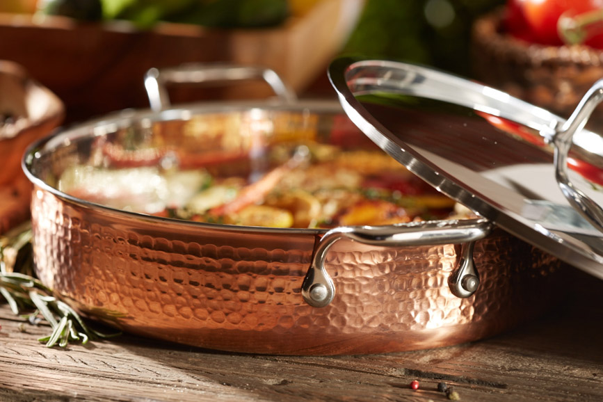 (3) The 5-quart covered casserole, ($179.99). Part of the Lagostina Martellata Hammered Copper Cookware collection. Photograph courtesy Lagostina.