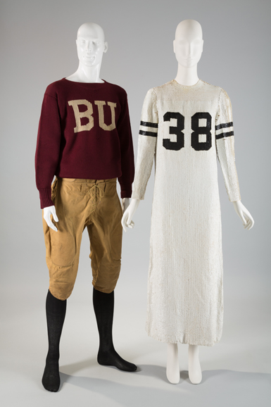 Football uniform, left, circa 1920, wool and cotton duck, USA, museum purchase; Geoffrey Beene, “football jersey” dress, right, Fall 1967, silk and sequins, USA, museum purchase. Photograph © The Museum at FIT.
