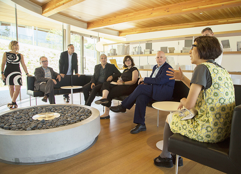 Recently visiting Grace Farms in New Canaan were, from left, the Mies Crown Hall Americas Prize (MCHAP) jury members Ila Berman, Wiel Arets, Stan Allen, Jean Pierre Crousse and Florencia Rodriguez; MCHAP director Dirk Denison; and SANAA principal Kazuyo Sejima. Photograph © Christian Mortensen.