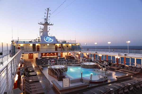 Pool deck at sunrise. Photograph courtesy Azamara Club Cruises.