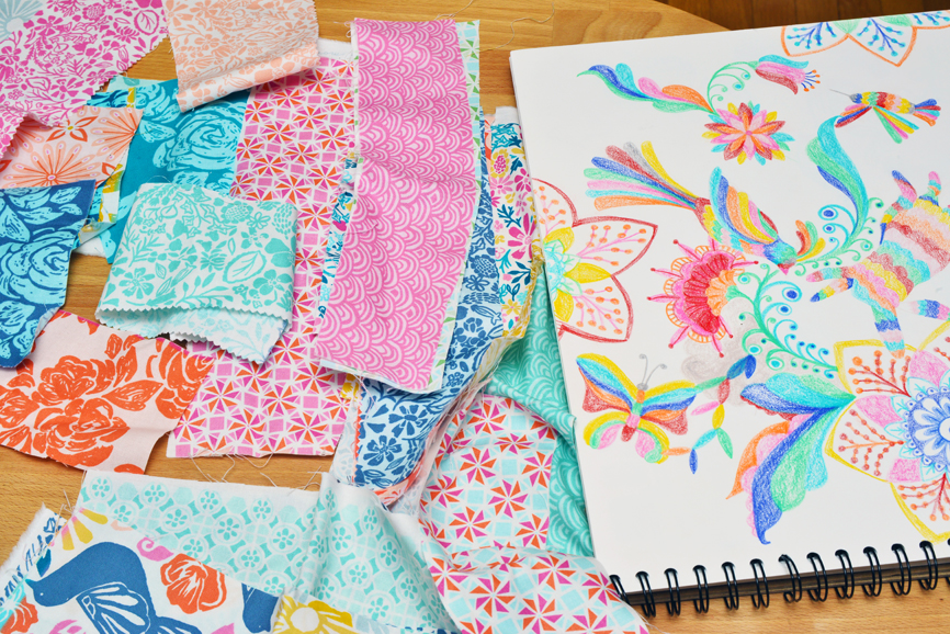 A selection of Kate D. Spain sketches and fabric designs. Photograph by Bob Rozycki.