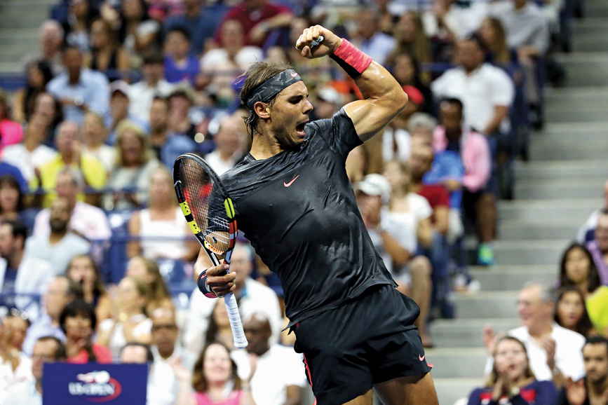Rafael Nadal reacts to Fabio Fognini (not pictured) in a men's singles third-round match during the 2015 US Open at the USTA Billie Jean King National Tennis Center in Flushing, NY., (USTA/Ned Dishman).