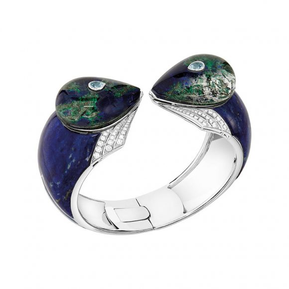 The Thunderbird designs, showcased in Lalique’s new Vertiges collection, include this dramatic bracelet that features white gold, sterling silver, lapis lazuli, pear-cut aquamarines, azurite and blue lacquer. Courtesy Lalique.
