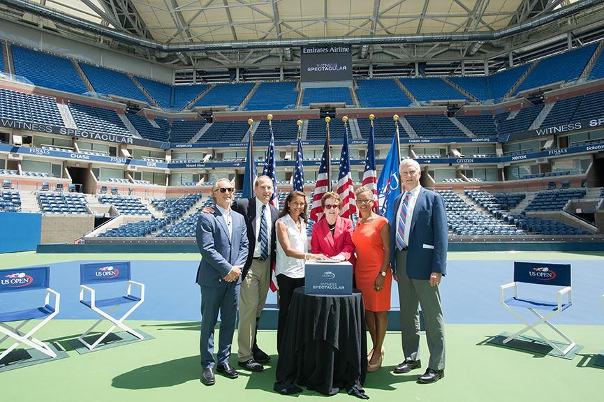 During the USTA Unveiling Spectacular to celebrate the first public demonstration of the new roof over Arthur Ashe Stadium at the Billie Jean King National Tennis Center.
