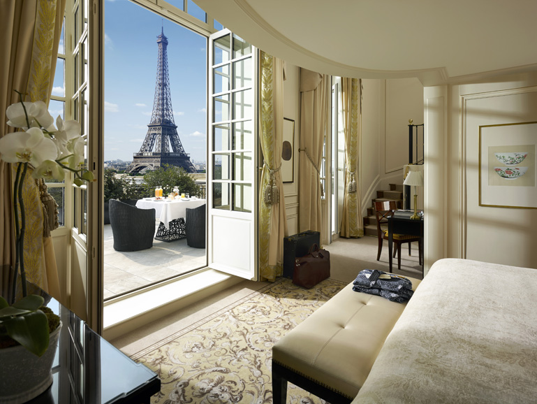 A duplex terrace with a view of the Eiffel Tower at the Shangri-La Hotel Paris. Photograph courtesy The Shangri-La Hotel Paris.