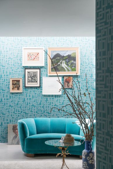 Farrow & Ball’s new Enigma design adds a geometric flair to this room setting. Courtesy Farrow & Ball.