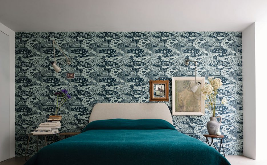 Farrow & Ball’s new Gable design is featured in this bedroom vignette. Courtesy Farrow & Ball.